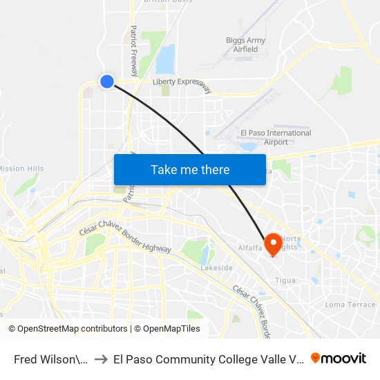 Fred Wilson\ Byron to El Paso Community College Valle Verde Campus map