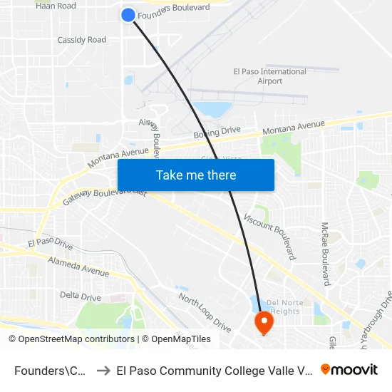 Founders\Concord to El Paso Community College Valle Verde Campus map