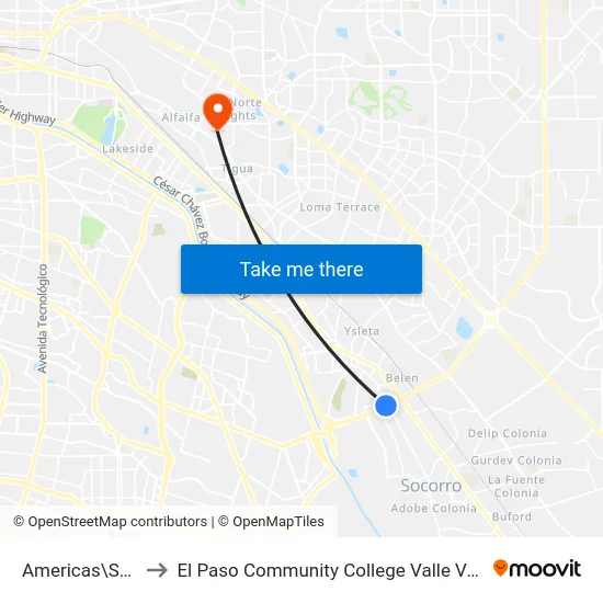 Americas\Socorro to El Paso Community College Valle Verde Campus map
