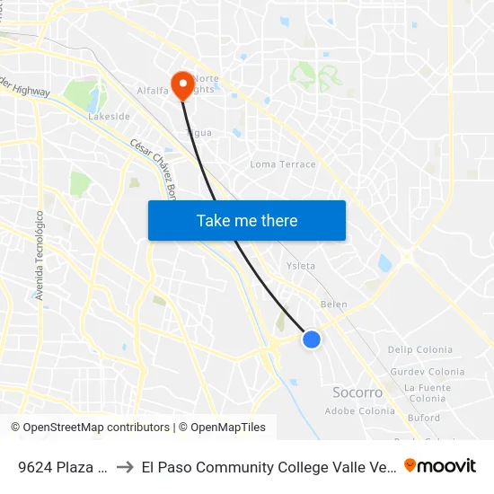 9624 Plaza Circle to El Paso Community College Valle Verde Campus map