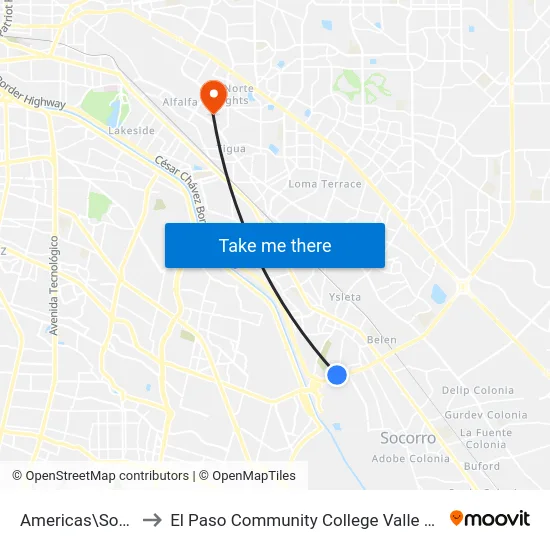 Americas\Southside to El Paso Community College Valle Verde Campus map