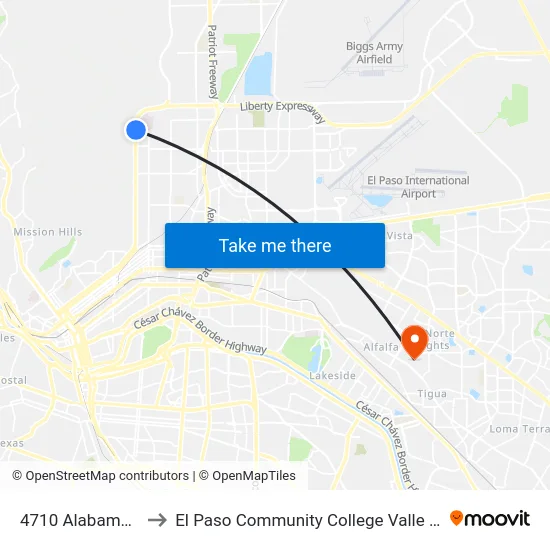 4710 Alabama\Pierce to El Paso Community College Valle Verde Campus map