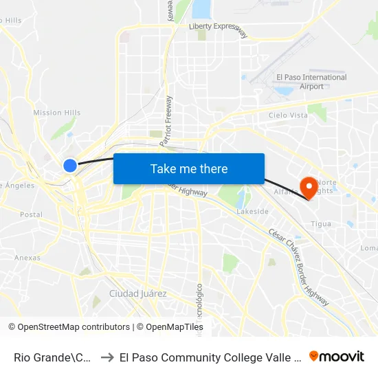 Rio Grande\Campbell to El Paso Community College Valle Verde Campus map