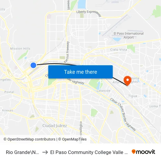 Rio Grande\Newman to El Paso Community College Valle Verde Campus map