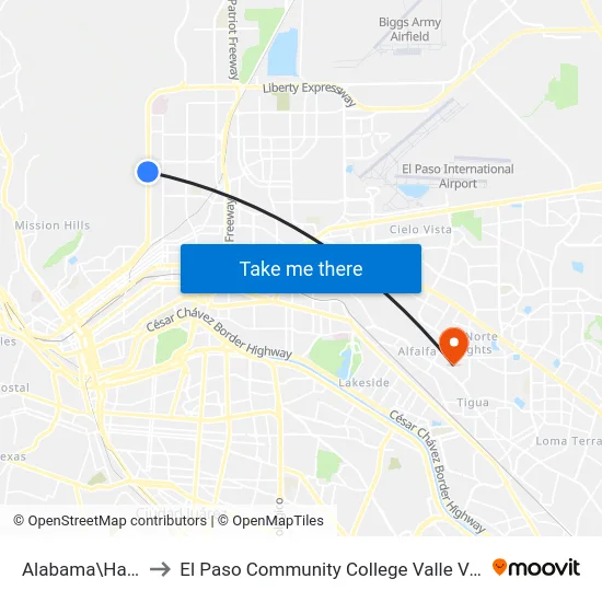 Alabama\Hamilton to El Paso Community College Valle Verde Campus map