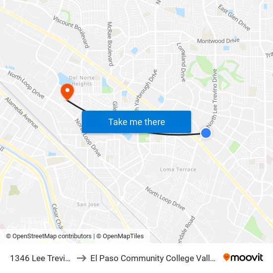 1346 Lee Trevino\Rojas to El Paso Community College Valle Verde Campus map