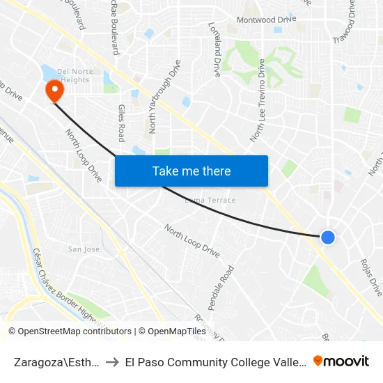 Zaragoza\Esther Lama to El Paso Community College Valle Verde Campus map