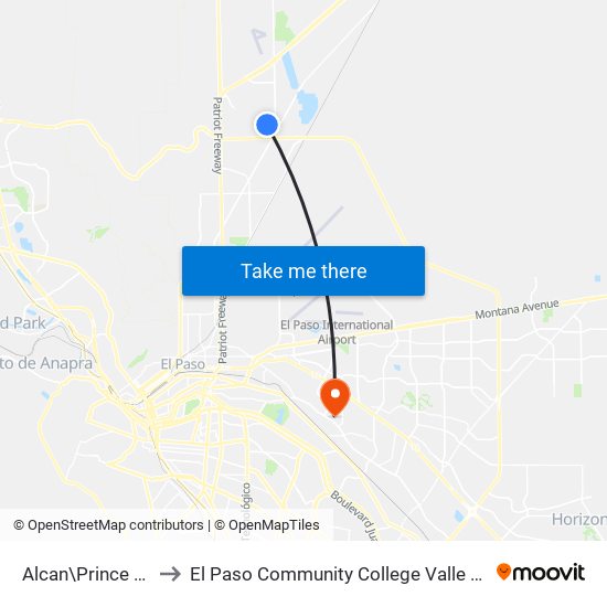 Alcan\Prince Edward to El Paso Community College Valle Verde Campus map