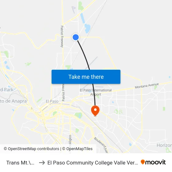 Trans Mt.\Alcan to El Paso Community College Valle Verde Campus map
