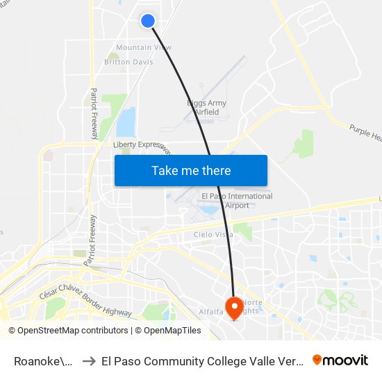 Roanoke\Wren to El Paso Community College Valle Verde Campus map