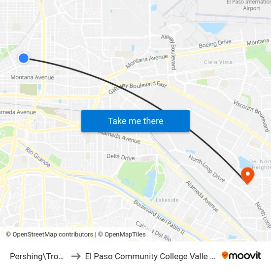 Pershing\Trowbridge to El Paso Community College Valle Verde Campus map