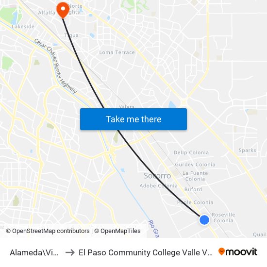 Alameda\Vineyard to El Paso Community College Valle Verde Campus map