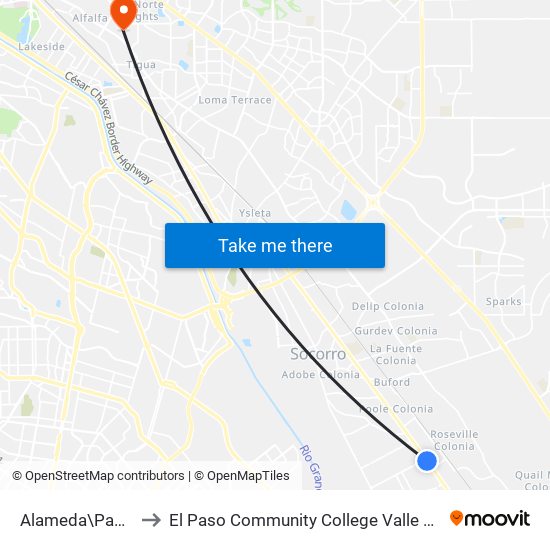Alameda\Passmore to El Paso Community College Valle Verde Campus map