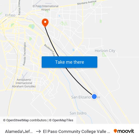 Alameda\Jeff Jones to El Paso Community College Valle Verde Campus map