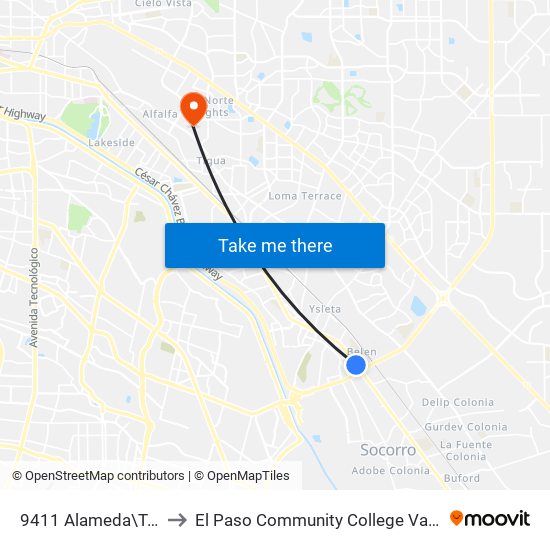 9411 Alameda\Towne Cntr. to El Paso Community College Valle Verde Campus map
