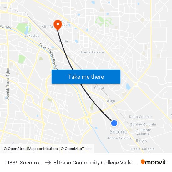 9839 Socorro\Isaiah to El Paso Community College Valle Verde Campus map