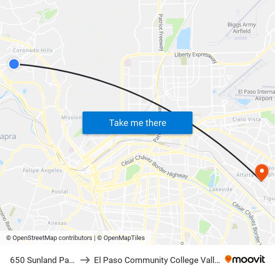 650 Sunland Park\Cromo to El Paso Community College Valle Verde Campus map