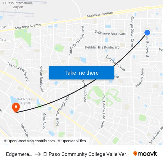 Edgemere\Lee to El Paso Community College Valle Verde Campus map