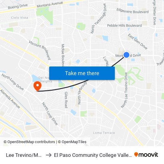 Lee Trevino/Montwood to El Paso Community College Valle Verde Campus map