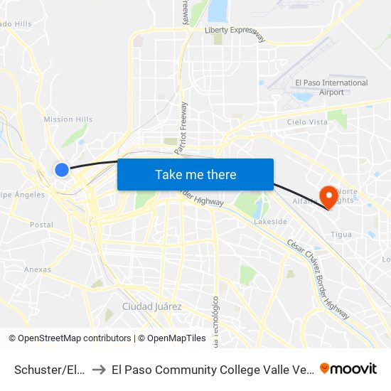 Schuster/El Paso to El Paso Community College Valle Verde Campus map