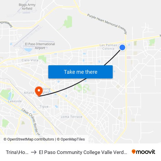 Trina\Hosea to El Paso Community College Valle Verde Campus map