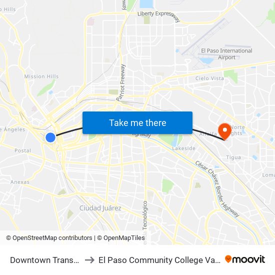 Downtown Transit Ctr Bay D to El Paso Community College Valle Verde Campus map