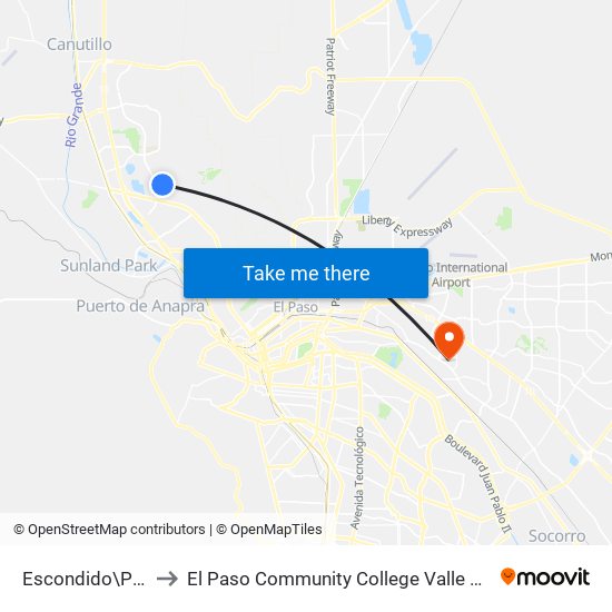 Escondido\Palmary to El Paso Community College Valle Verde Campus map