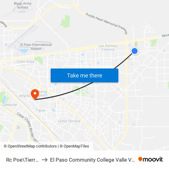 Rc Poe\Tierra Este to El Paso Community College Valle Verde Campus map