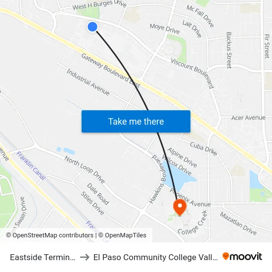 Eastside Terminal Parklot to El Paso Community College Valle Verde Campus map