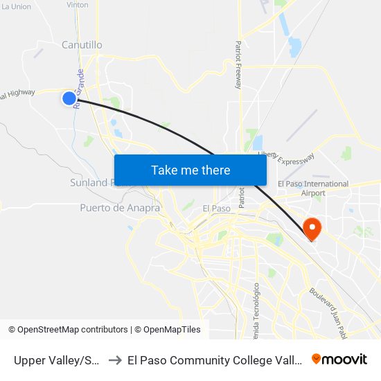 Upper Valley/Scott Lane to El Paso Community College Valle Verde Campus map