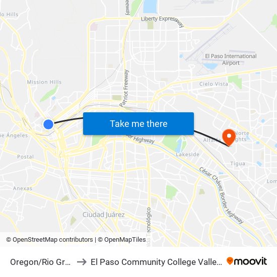 Oregon/Rio Grande Rts to El Paso Community College Valle Verde Campus map