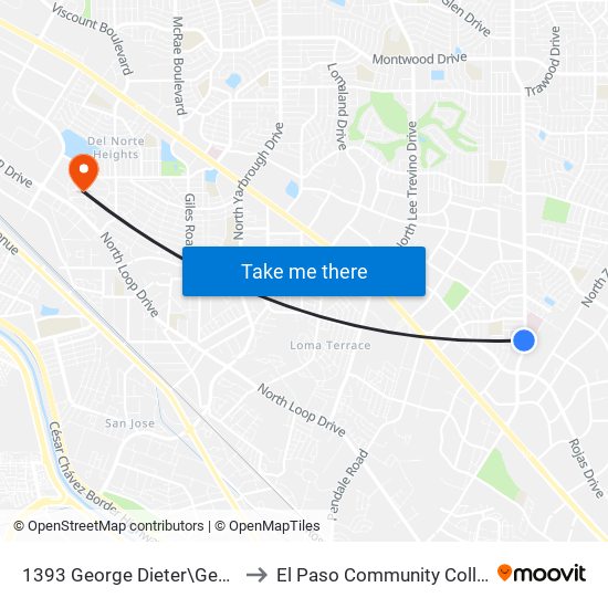 1393 George Dieter\George Dieter Medical Plaza to El Paso Community College Valle Verde Campus map