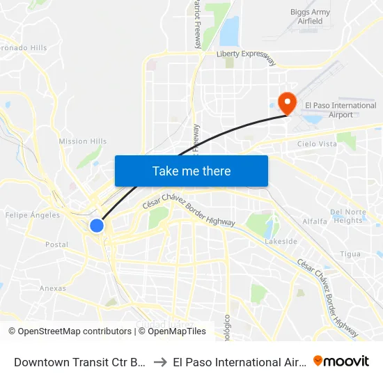 Downtown Transit Ctr Bay H to El Paso International Airport map