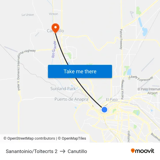 Sanantoinio/Toltecrts 2 to Canutillo map