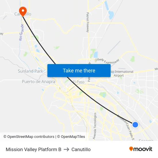 Mission Valley Platform B to Canutillo map