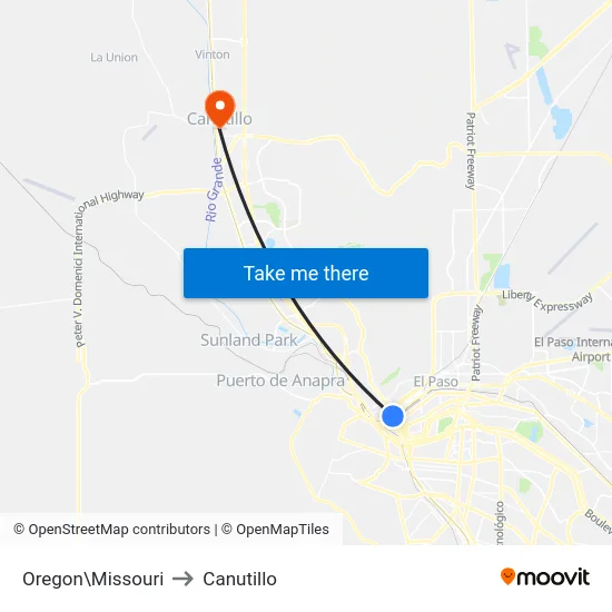 Oregon\Missouri to Canutillo map