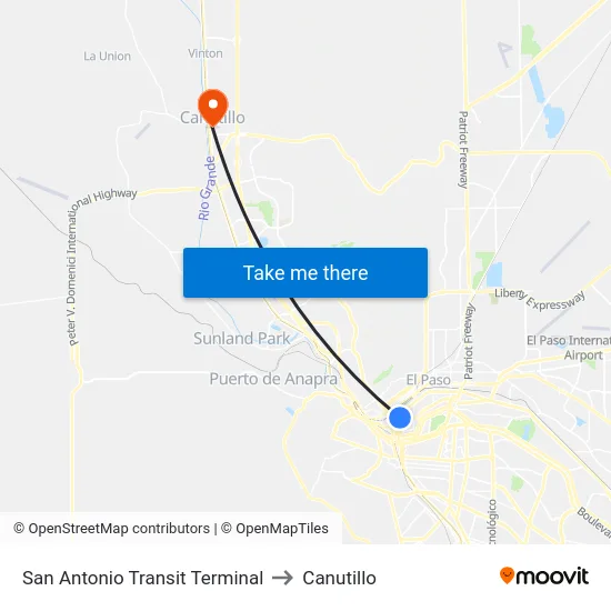 San Antonio Transit Terminal to Canutillo map