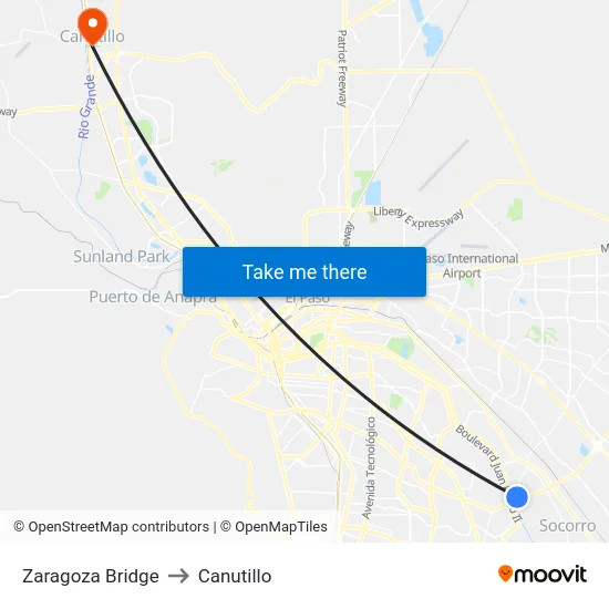 Zaragoza Bridge to Canutillo map