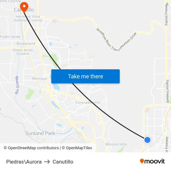 Piedras\Aurora to Canutillo map
