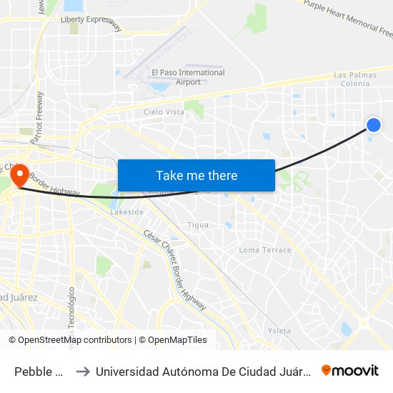 Pebble Hills\Oak Crest to Universidad Autónoma De Ciudad Juárez/ Instituto De Ciencias Sociales Y Administración map