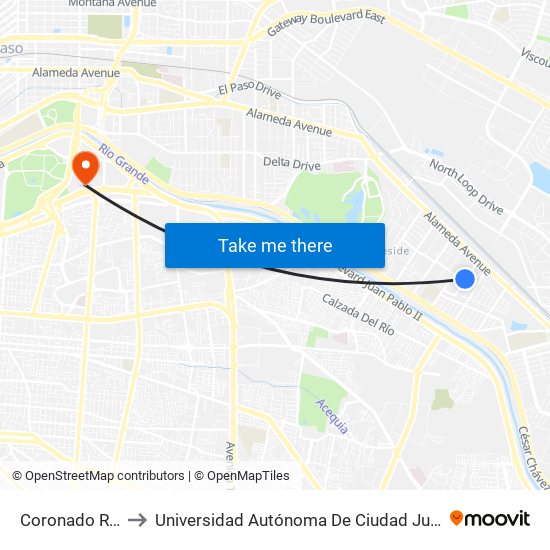 Coronado Rd/Desert Villa Apts. to Universidad Autónoma De Ciudad Juárez/ Instituto De Ciencias Sociales Y Administración map