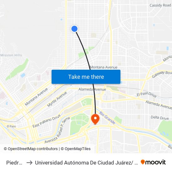 Piedras/Mobile to Universidad Autónoma De Ciudad Juárez/ Instituto De Ciencias Sociales Y Administración map