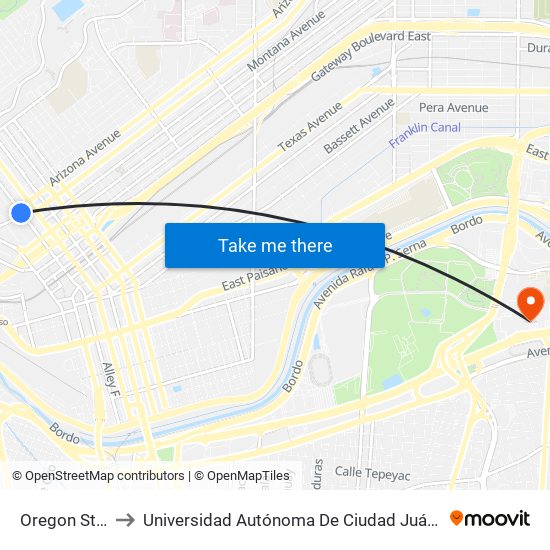 Oregon St/Rio Grande Ave to Universidad Autónoma De Ciudad Juárez/ Instituto De Ciencias Sociales Y Administración map