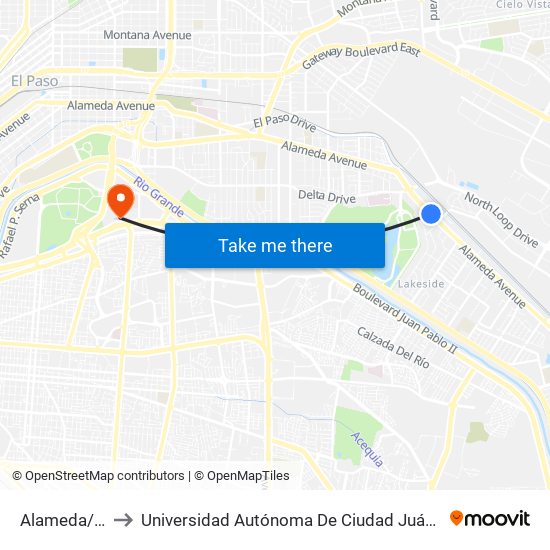 Alameda/Lakeside Vil Rts to Universidad Autónoma De Ciudad Juárez/ Instituto De Ciencias Sociales Y Administración map