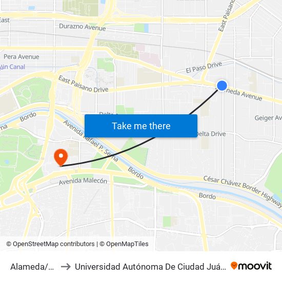 Alameda/Buena Vista Rts 2 to Universidad Autónoma De Ciudad Juárez/ Instituto De Ciencias Sociales Y Administración map