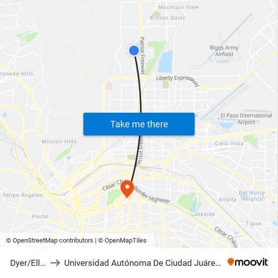 Dyer/Ellerthorpe Rts to Universidad Autónoma De Ciudad Juárez/ Instituto De Ciencias Sociales Y Administración map