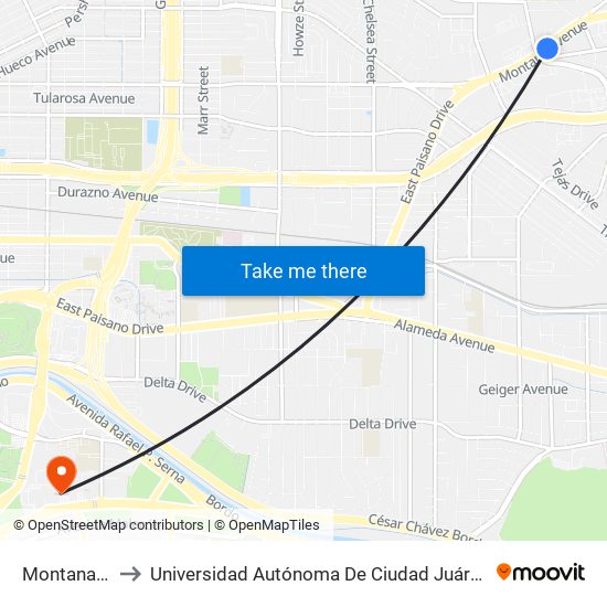 Montana/Geronimo Rts to Universidad Autónoma De Ciudad Juárez/ Instituto De Ciencias Sociales Y Administración map