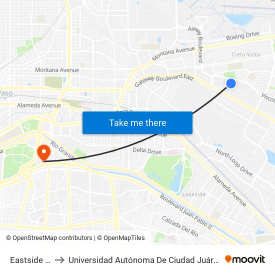 Eastside Terminal Bay C to Universidad Autónoma De Ciudad Juárez/ Instituto De Ciencias Sociales Y Administración map