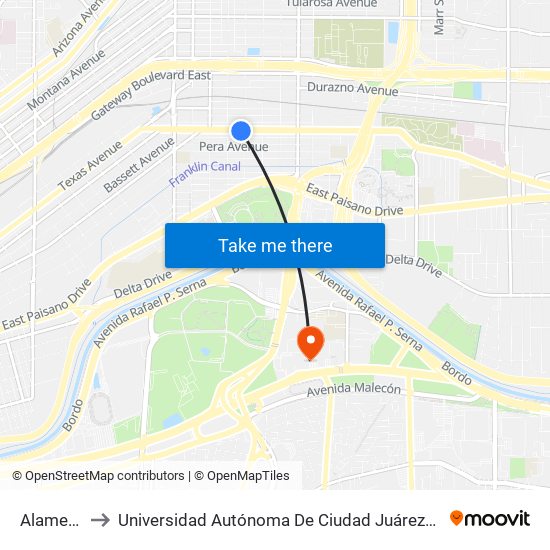Alameda\Cebada to Universidad Autónoma De Ciudad Juárez/ Instituto De Ciencias Sociales Y Administración map
