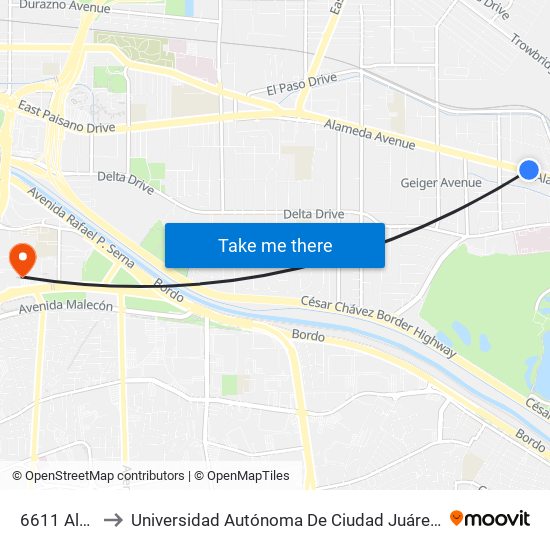 6611 Alameda\Seville to Universidad Autónoma De Ciudad Juárez/ Instituto De Ciencias Sociales Y Administración map